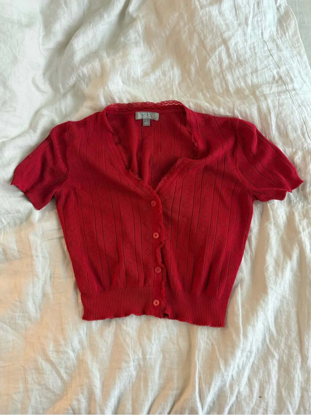 J Crew Pointelle Short Sleeve V Neck Cotton Cardigan with Lace Trim
